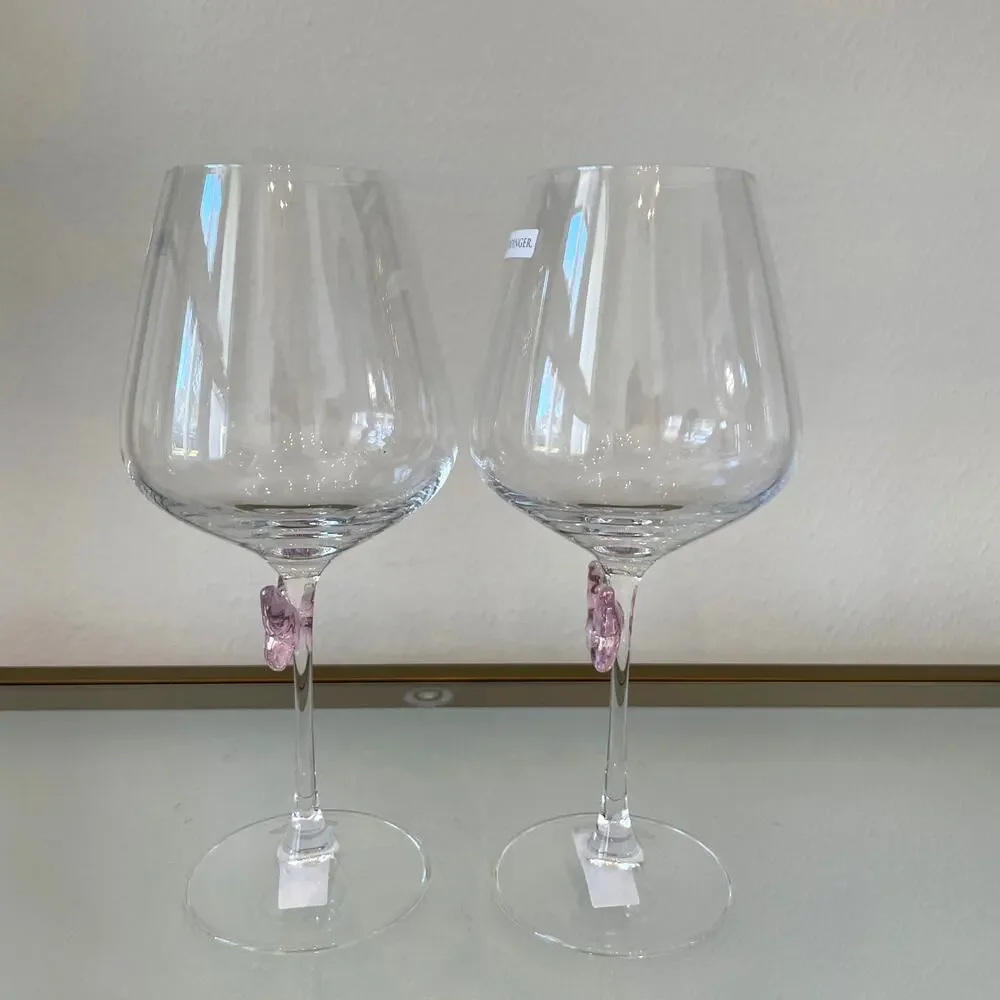 NEW Godinger Pink Butterfly Wine Glass Set of 2 Chic Barware